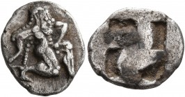 ISLANDS OFF THRACE, Thasos. Circa 500-480 BC. Diobol (Silver, 12 mm, 1.10 g). Satyr running right in kneeling stance. Rev. Quadripartite incuse square...