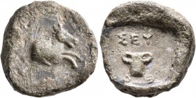 KINGS OF THRACE. Odrysian. Seuthes II, circa 405-386 BC. AE (Bronze, 19 mm, 15.42 g, 7 h). Forepart of a horse to right. Rev. ΣEY/ ΘO Kotyle; all with...