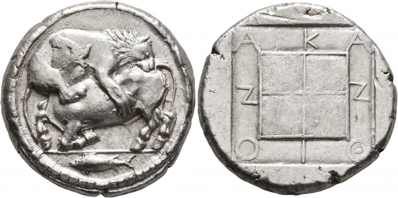MACEDON. Akanthos. Circa 470-430 BC. Tetradrachm (Silver, 27 mm, 17.24 g, 4 h). ...