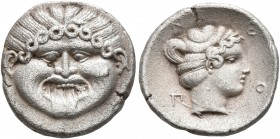 MACEDON. Neapolis. Circa 424-350 BC. Hemidrachm (Silver, 14 mm, 1.83 g, 8 h). Facing gorgoneion with protruding tongue. Rev. N-E-O-Π Head of the nymph...