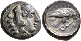 KINGS OF MACEDON. Amyntas III, 393-370/69 BC. AE (Bronze, 16 mm, 4.08 g, 2 h). Head of Herakles to right, wearing lion skin headdress. Rev. AMYNTA Eag...