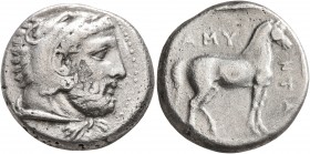 KINGS OF MACEDON. Amyntas III, 393-370/69 BC. Stater (Silver, 21 mm, 8.87 g, 1 h). Head of Herakles to right, wearing lion skin headdress. Rev. AMY/NT...