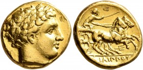 KINGS OF MACEDON. Philip II, 359-336 BC. Stater (Gold, 16 mm, 8.49 g, 5 h), Amphipolis II. Struck under Philip II or Alexander II, circa 340/36-328. L...