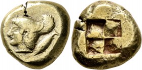 MYSIA. Kyzikos. Circa 550-450 BC. Stater (Electrum, 20 mm, 16.17 g). Head of Perseus to left, wearing winged helmet; to right, tunny downward. Rev. Qu...