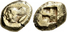 MYSIA. Kyzikos. Circa 550-450 BC. Stater (Electrum, 21 mm, 16.16 g). Head of Perseus to left, wearing winged helmet; to right, tunny downward. Rev. Qu...