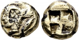 MYSIA. Kyzikos. Circa 550-450 BC. Myshemihekte – 1/24 Stater (Electrum, 8 mm, 0.75 g), a contemporary plated imitation. Head of Perseus to left, weari...