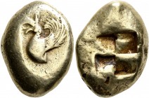 MYSIA. Kyzikos. Circa 550-450 BC. Stater (Electrum, 20 mm, 16.15 g). Forepart of a griffin with curved wing to left; before, tunny downward. Rev. Quad...