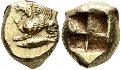 MYSIA. Kyzikos. Circa 550-450 BC. Hekte (Electrum, 10 mm, 2.69 g). Griffin seated left, raising right forepaw; below, tunny to left. Rev. Quadripartit...