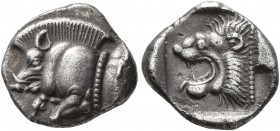 MYSIA. Kyzikos. Circa 450-400 BC. Trihemiobol (Silver, 11 mm, 1.09 g, 12 h). Forepart of a boar to left; to right, tunny upward. Rev. Head of a lion t...