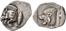 MYSIA. Kyzikos. Circa 450-400 BC. Obol (Silver, 14 mm, 0.87 g, 2 h). Forepart of a boar to left; on shoulder, E ; to right, tunny upward. Rev. Head of...