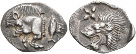 MYSIA. Kyzikos. Circa 450-400 BC. Hemiobol (Silver, 11 mm, 0.38 g, 6 h). Forepart of a boar to left; to right, tunny upward. Rev. Head of a lion to le...