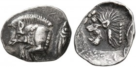 MYSIA. Kyzikos. Circa 450-400 BC. Hemiobol (Silver, 10 mm, 0.43 g, 2 h). Forepart of a boar to left; to right, tunny upward. Rev. Head of a lion to le...