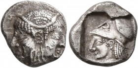 MYSIA. Lampsakos. Circa 500-450 BC. Diobol (Silver, 10 mm, 1.18 g, 5 h). Diademed janiform female head, with circular earring. Rev. Head of Athena to ...