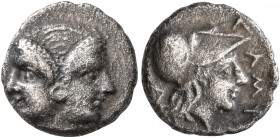 MYSIA. Lampsakos. 4th-3rd centuries BC. Diobol (Silver, 11 mm, 1.11 g, 9 h). Diademed janiform female head, with circular earring. Rev. ΛA-M Head of A...