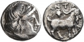 TROAS. Antandros. Late 5th century BC. Trihemiobol (Silver, 10 mm, 1.28 g, 9 h). Head of Artemis Astyrene to right. Rev. ΑΝΤΑ-Ν Goat standing right; a...