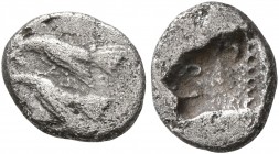 TROAS. Dardanos (?). 5th century BC. Hemiobol (Silver, 8 mm, 0.37 g, 3 h). Rooster stand left on back of hen standing left. Rev. Incuse head of a pant...