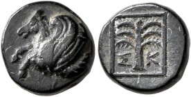 TROAS. Skepsis. Circa 400-310 BC. AE (Bronze, 10 mm, 1.52 g, 4 h). Forepart of Pegasos to left. Rev. Σ-Κ Palm tree; all within linear square. SNG Cope...