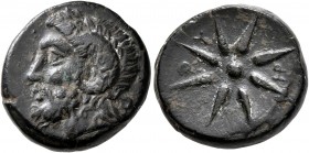 TROAS. Thymbria. 4th century BC. AE (Bronze, 17 mm, 6.00 g). Head of Zeus-Ammon to left. Rev. Θ-Υ Eight-pointed star; below, monogram of ΗΡ. SNG Copen...