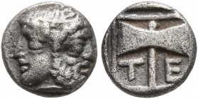 ISLANDS OFF TROAS, Tenedos. Circa 450-387 BC. Obol (Silver, 7 mm, 0.56 g, 7 h). Janiform head of Hera on the left and Zeus on the right. Rev. Τ-Ε Doub...