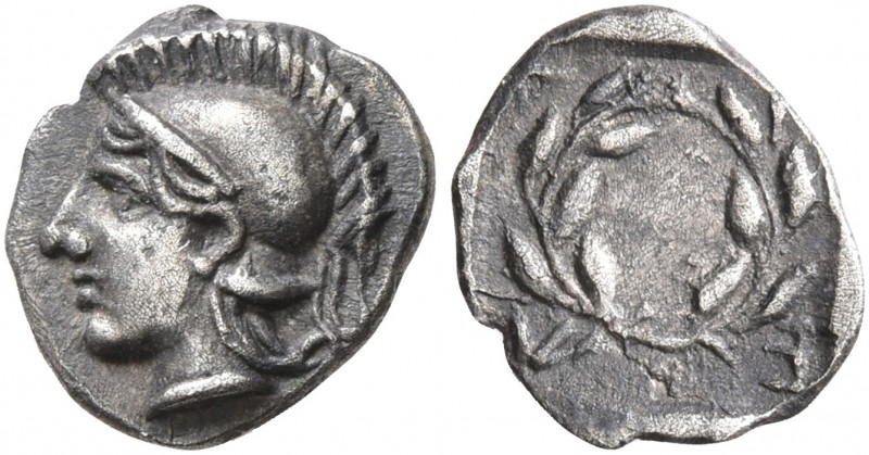 AEOLIS. Elaia. Circa 450-400 BC. Hemiobol (Silver, 8 mm, 0.37 g, 6 h). Head of A...