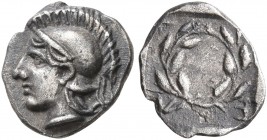 AEOLIS. Elaia. Circa 450-400 BC. Hemiobol (Silver, 8 mm, 0.37 g, 6 h). Head of Athena to left, wearing crested Attic helmet. Rev. E-Λ-A-I Laurel wreat...