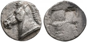 AEOLIS. Kyme. Circa 480-450 BC. Tetartemorion (Silver, 7 mm, 0.21 g). Head of a horse to left. Rev. Quadripartite incuse square. Leu Web Auction 1 (20...