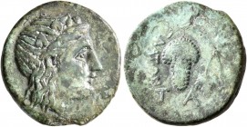 AEOLIS. Temnos. 3rd century BC. AE (Bronze, 18 mm, 4.10 g, 6 h), Platon, magistrate. Head of Dionysos to right, wearing wreath of ivy and fruit. Rev. ...