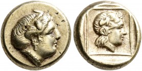 LESBOS. Mytilene. Circa 412-378 BC. Hekte (Electrum, 11 mm, 2.56 g, 12 h). Head of Io right, wearing tainia. Rev. Head of Dionysos to right, wearing w...