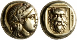 LESBOS. Mytilene. Circa 377-326 BC. Hekte (Electrum, 10 mm, 2.57 g, 12 h). Head of Dionysos to right, wearing wreath of ivy and fruit. Rev. Bald facin...