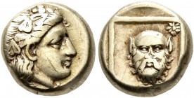 LESBOS. Mytilene. Circa 377-326 BC. Hekte (Electrum, 10 mm, 2.53 g, 12 h). Head of Dionysos to right, wearing wreath of ivy and fruit. Rev. Bald facin...