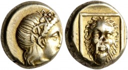 LESBOS. Mytilene. Circa 377-326 BC. Hekte (Electrum, 10 mm, 2.56 g, 11 h). Head of Dionysos to right, wearing wreath of ivy and fruit. Rev. Facing hea...