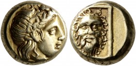 LESBOS. Mytilene. Circa 377-326 BC. Hekte (Electrum, 10 mm, 2.56 g, 12 h). Head of Dionysos to right, wearing wreath of ivy and fruit. Rev. Facing hea...