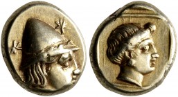 LESBOS. Mytilene. Circa 377-326 BC. Hekte (Electrum, 11 mm, 2.56 g, 12 h). Head of Kabeiros to right, wearing wreathed cap; two stars flanking. Rev. H...