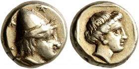 LESBOS. Mytilene. Circa 377-326 BC. Hekte (Electrum, 10 mm, 2.55 g, 1 h). Head of Kabeiros to right, wearing wreathed cap; two stars flanking. Rev. He...