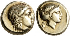 LESBOS. Mytilene. Circa 377-326 BC. Hekte (Electrum, 10 mm, 2.54 g, 5 h). Laureate head of Apollo to right. Rev. Head of Artemis to right, her hair in...