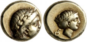 LESBOS. Mytilene. Circa 377-326 BC. Hekte (Electrum, 10 mm, 2.54 g, 12 h). Laureate head of Apollo to right. Rev. Head of Artemis to right, her hair i...