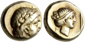 LESBOS. Mytilene. Circa 377-326 BC. Hekte (Electrum, 10 mm, 2.54 g, 11 h). Laureate head of Apollo to right. Rev. Head of Artemis to right, her hair i...