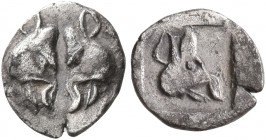 LESBOS. Uncertain mint. Circa 500-450 BC. 1/36 Stater (Silver, 8 mm, 0.36 g, 4 h). Confronted heads of two boars. Rev. Head of a boar to right within ...