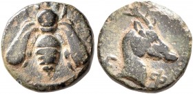 IONIA. Ephesos. Circa 405-390 BC. AE (Bronze, 10 mm, 1.16 g, 6 h). Bee. Rev. E-Φ Head of a stag to right. SNG Kayhan 147-188. SNG München 34. Faint sc...