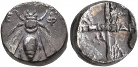 IONIA. Ephesos. Circa 335-320 BC. Hemidrachm (Silver, 10 mm, 1.61 g, 6 h), Timesianax, magistrate. E-Φ Bee. Rev. Quadripartite incuse divided by two b...