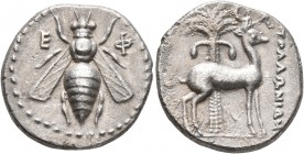 IONIA. Ephesos. Circa 202-150 BC. Drachm (Silver, 18 mm, 4.00 g, 11 h), Apollonides, magistrate. E-Φ Bee. Rev. [A]ΠΟΛΛΩNIΔH[Σ] Stag standing right; pa...