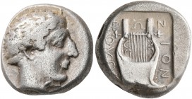 IONIA. Kolophon. Circa 450-410 BC. Drachm (Silver, 15 mm, 5.55 g, 10 h). Laureate head of Apollo to right. Rev. KOΛO-Φ-Ω-N-ION Kithara; all within inc...