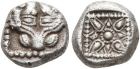 IONIA. Miletos. Late 6th-early 5th century BC. Obol (Silver, 8 mm, 0.84 g). Facing head of a lion. Rev. Stellate pattern within incuse square. SNG Kay...