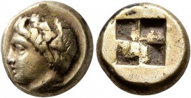 IONIA. Phokaia. Circa 387-326 BC. Hekte (Electrum, 10 mm, 2.54 g). Head of young Pan to left, wearing wreath of ivy and fruit; below, small seal to le...