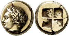 IONIA. Phokaia. Circa 387-326 BC. Hekte (Electrum, 11 mm, 2.57 g). Laureate head of Apollo to left. Rev. Quadripartite incuse square. Bodenstedt 112. ...