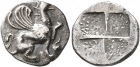 IONIA. Teos. Circa 500-450 BC. Trihemiobol (Silver, 12 mm, 1.18 g). Griffin seated right, raising left forepaw; before, uncertain symbol. Rev. Quadrip...