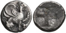 IONIA. Teos. Circa 470/65-449 BC. Trihemiobol (Silver, 10 mm, 1.27 g). Griffin seated to right, his left forepaw raised; to right, facing head of a pa...