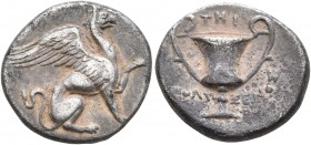 IONIA. Teos. Circa 370-360 BC. Drachm (Silver, 16 mm, 3.53 g, 1 h). Griffin seated right, raising left forepaw. Rev. THI / ΠΟΛY-ΞENOΣ Kantharos. Kinns...