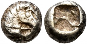 IONIA. Uncertain. Circa 600-550 BC. Myshemihekte – 1/24 Stater (Electrum, 6 mm, 0.49 g). Forepart of a horse to right. Rev. Rough incuse square. Elekt...