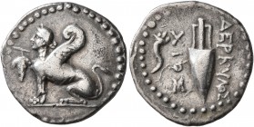 ISLANDS OFF IONIA, Chios. Circa 133-88 BC. Drachm (Silver, 19 mm, 3.71 g, 4 h), Derkylos, magistrate. Sphinx with curved wings seated to left; before ...